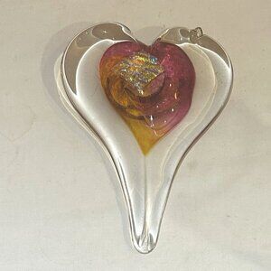 Luke Adams Hand Blown Multi Color Art Glass Heart Valentine Sun Catcher Signed